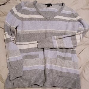 Gray Striped V-Neck Women's Sweater